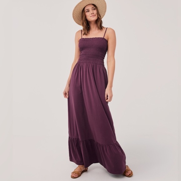 PACT Organic Cotton Stretch Soirée Smocked Top Burgundy Lux Jersey Maxi Dress - Picture 6 of 9
